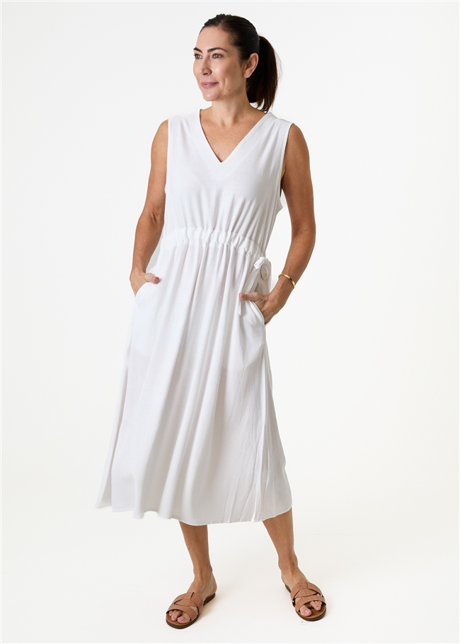 Linen Viscose Sleeveless v Neck Drawstring Waist Dress