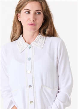 Linen Viscose Crochet Collar Boxy Linen Jacket - White - general view