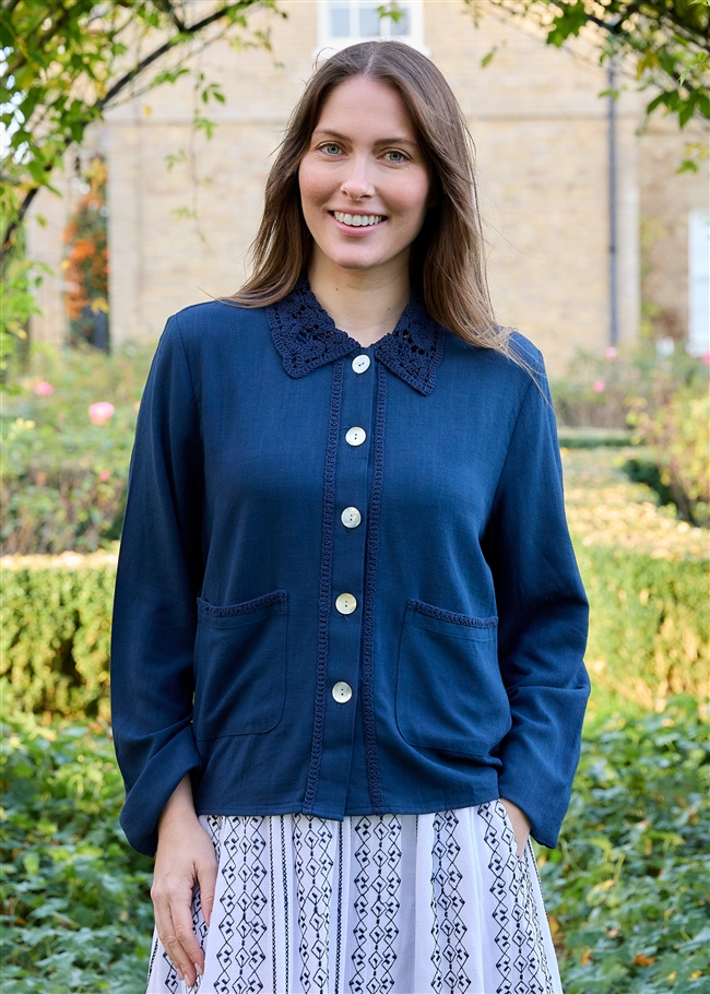 Linen Viscose Crochet Collar Boxy Linen Jacket