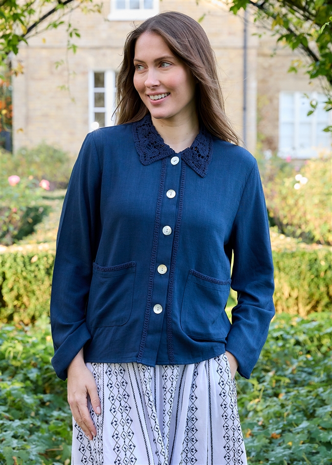 Linen Viscose Crochet Collar Boxy Linen Jacket