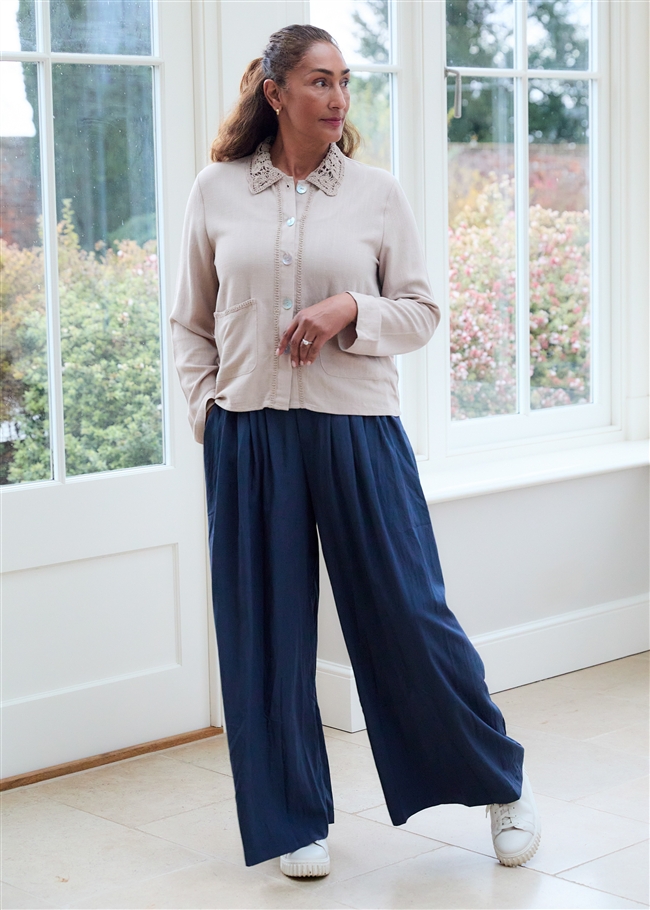 Linen Viscose Crochet Collar Boxy Linen Jacket