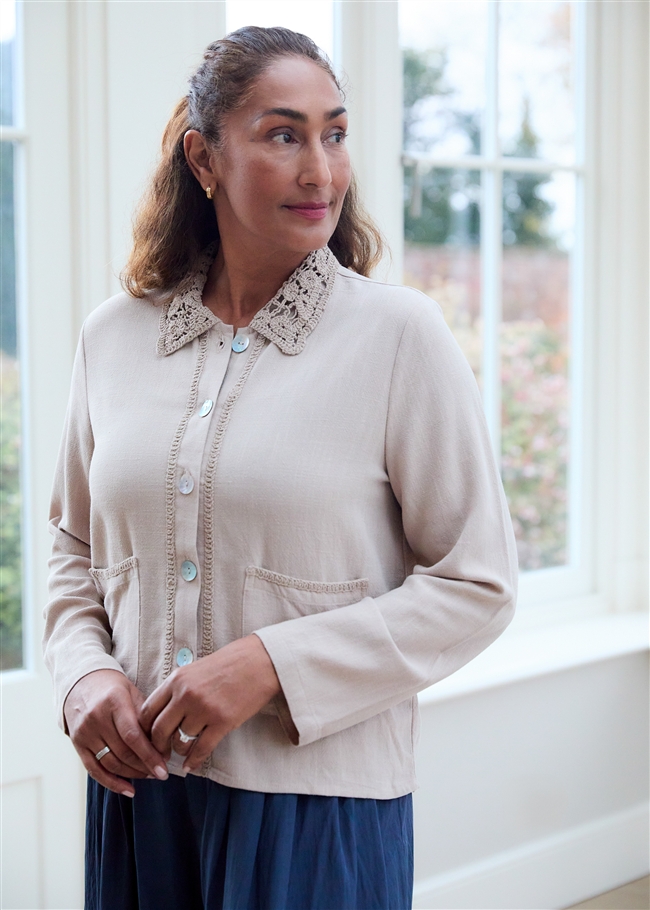 Linen Viscose Crochet Collar Boxy Linen Jacket
