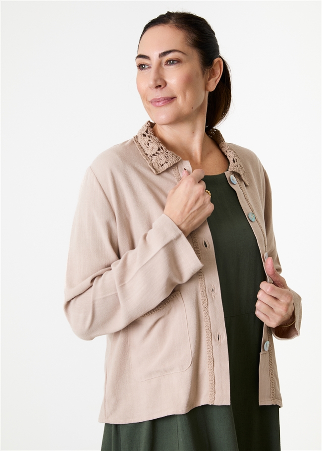 Linen Viscose Crochet Collar Boxy Linen Jacket