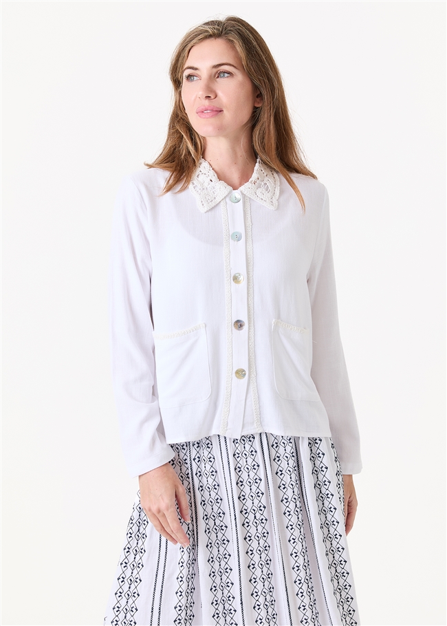 Linen Viscose Crochet Collar Boxy Linen Jacket