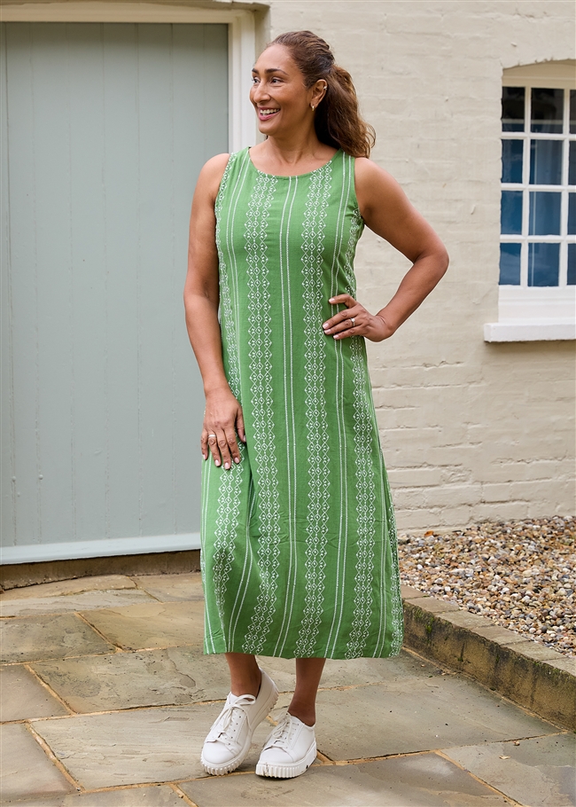 Zig Zag Embroidery Sleeveless Fitted Tie Back Maxi Dress