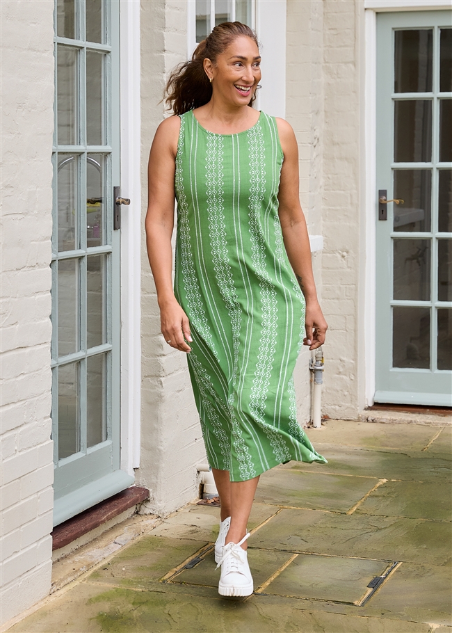 Zig Zag Embroidery Sleeveless Fitted Tie Back Maxi Dress