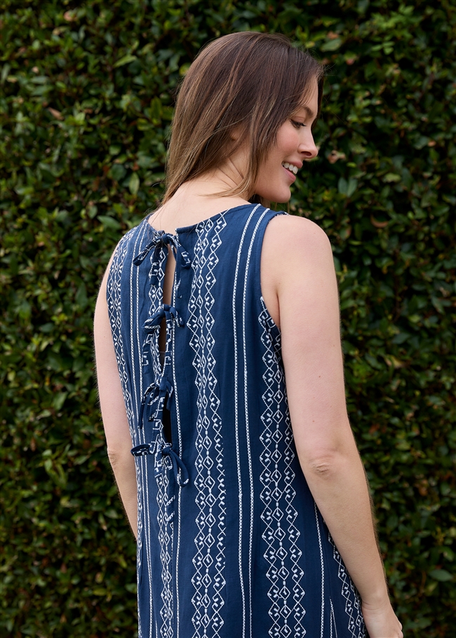 Zig Zag Embroidery Sleeveless Fitted Tie Back Maxi Dress