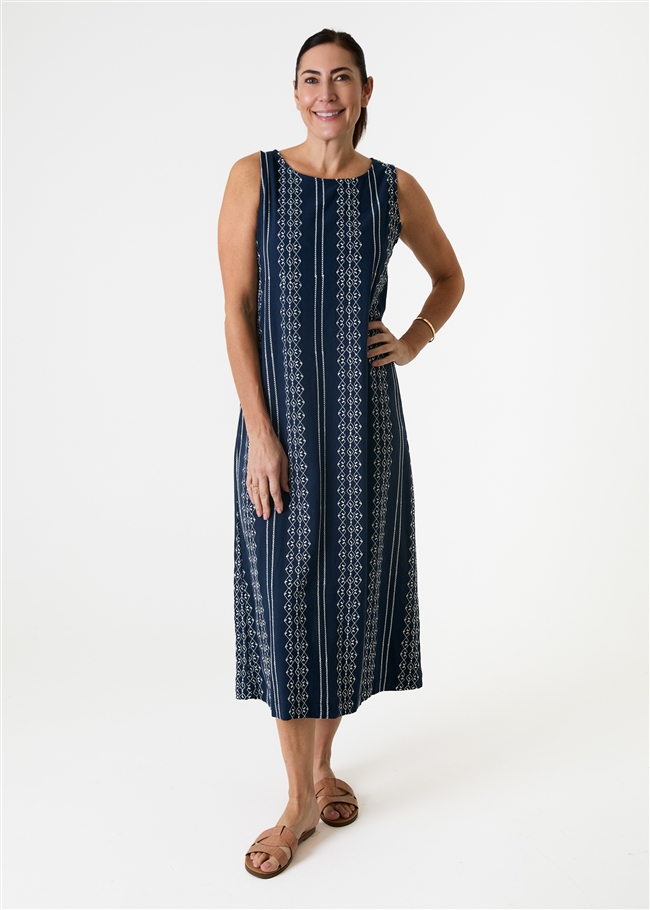 Zig Zag Embroidery Sleeveless Fitted Tie Back Maxi Dress
