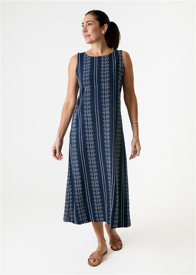 Zig Zag Embroidery Sleeveless Fitted Tie Back Maxi Dress