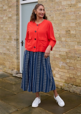Zig Zag Embroidery Elastic Waist A-Line Midi Skirt - Navy - front view