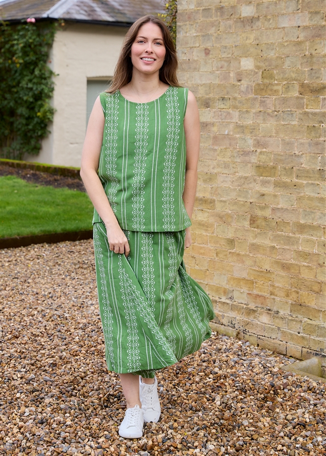 Zig Zag Embroidery Elastic Waist A-Line Midi Skirt