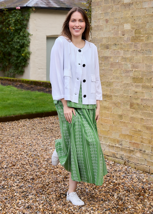 Zig Zag Embroidery Elastic Waist A-Line Midi Skirt