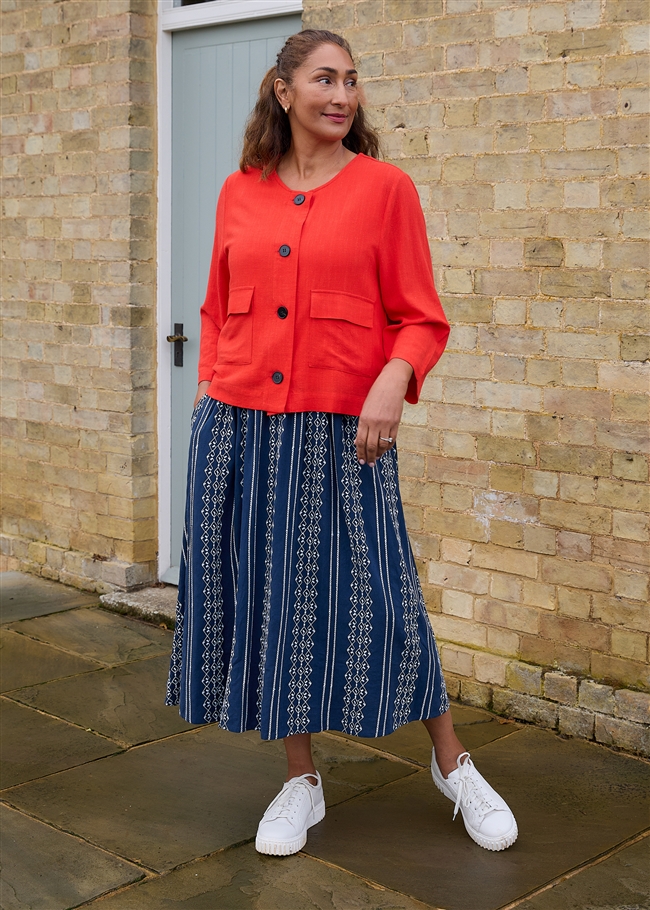 Zig Zag Embroidery Elastic Waist A-Line Midi Skirt - Navy - front view