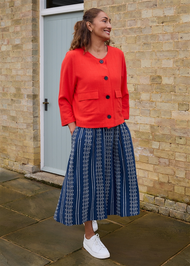 Zig Zag Embroidery Elastic Waist A-Line Midi Skirt