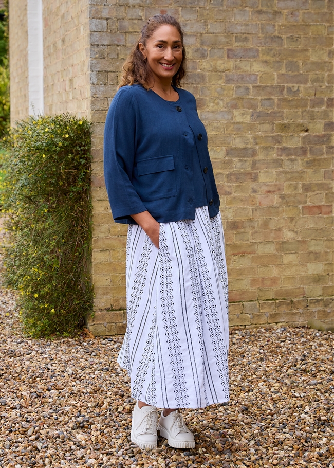 Zig Zag Embroidery Elastic Waist A-Line Midi Skirt