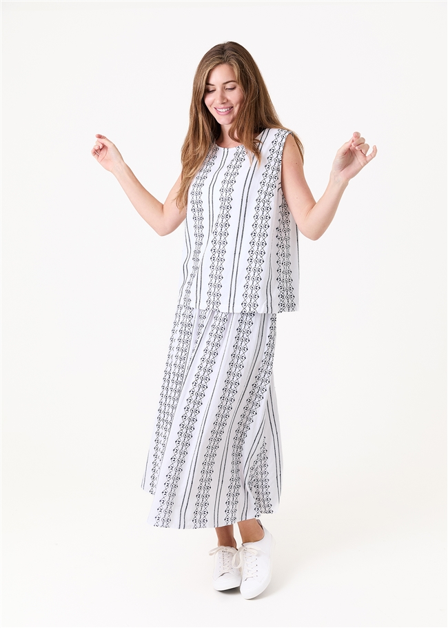 Zig Zag Embroidery Elastic Waist A-Line Midi Skirt