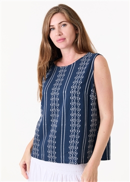 Zig Zag Embroidery Keyhole Back Vest Top - Navy - front view