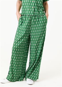 Dainty Floral Block Print Elastic Waist Palazzo Pants - Basil Green - front view