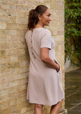 Linen Viscose Panelled Knee Length Dress - Stone - back view