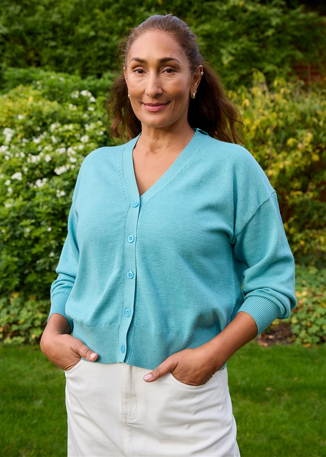 Cashmere Like Dropped Shoulder v Neck Crop Cardigan - Sea Foam - front view