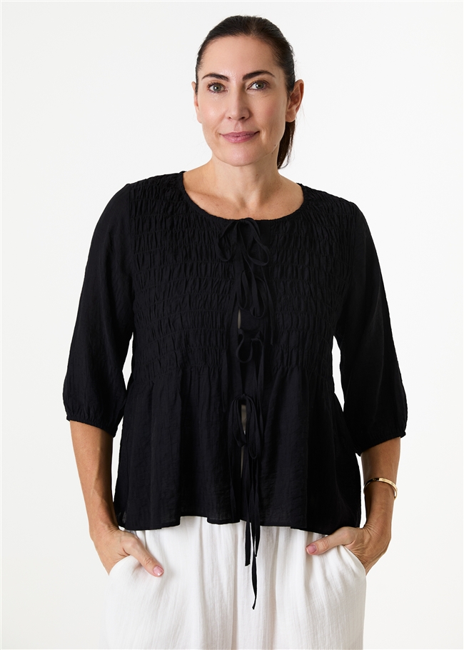 Textured Shirred Body Tie Front Blouse