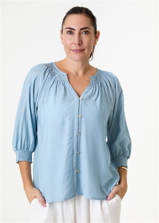 Textured Stripe Shirred Neck Button Through Blouse