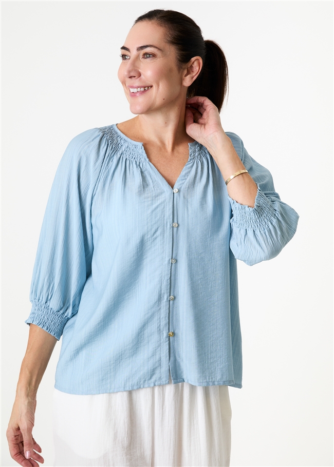 Textured Stripe Shirred Neck Button Through Blouse