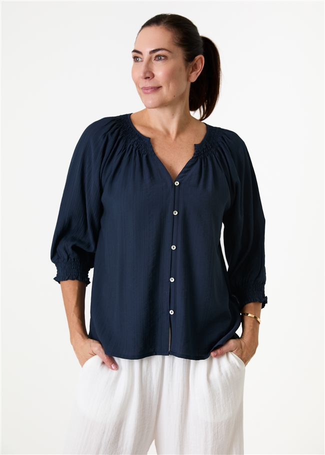 Textured Stripe Shirred Neck Button Through Blouse