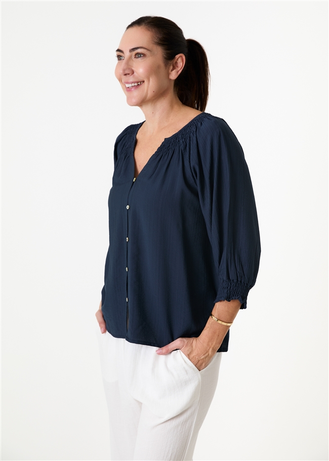 Textured Stripe Shirred Neck Button Through Blouse