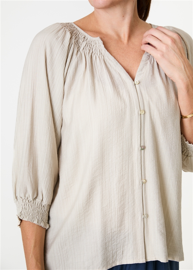 Textured Stripe Shirred Neck Button Through Blouse - Stone - general view