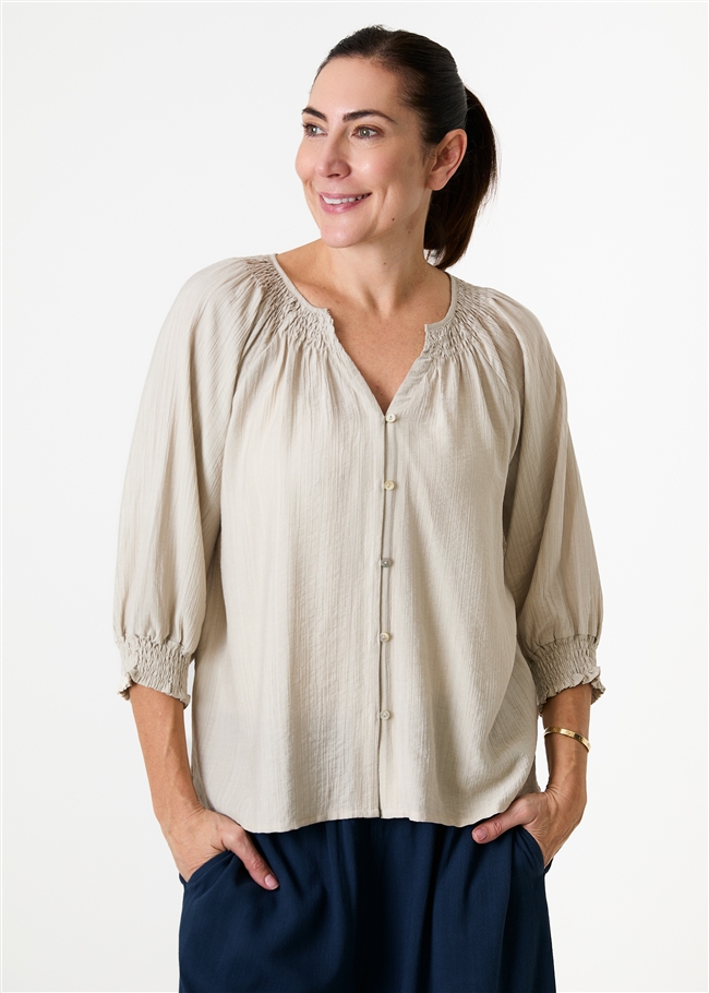 Textured Stripe Shirred Neck Button Through Blouse