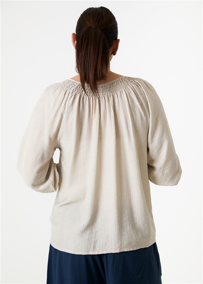 Textured Stripe Shirred Neck Button Through Blouse