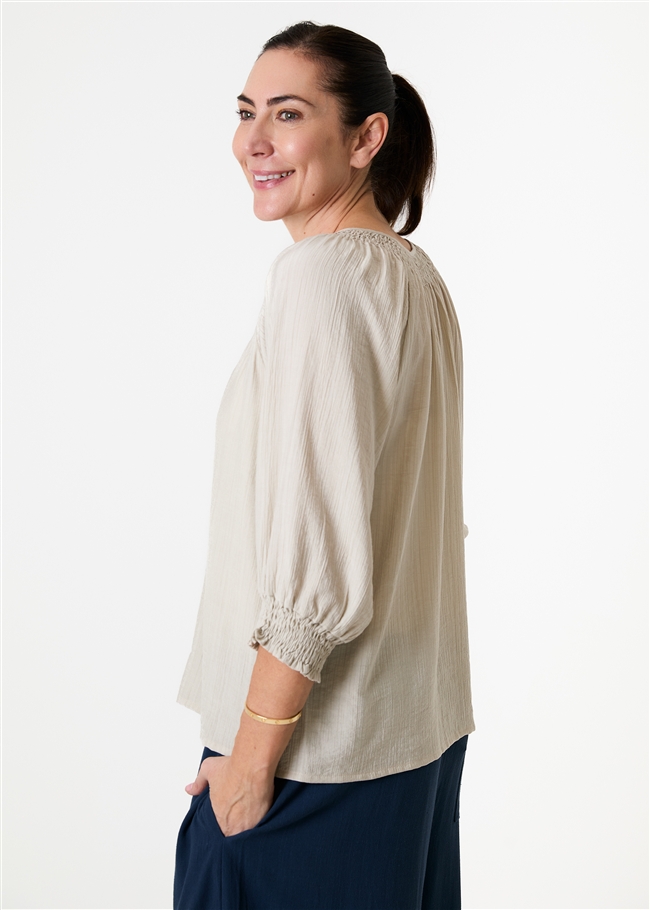 Textured Stripe Shirred Neck Button Through Blouse