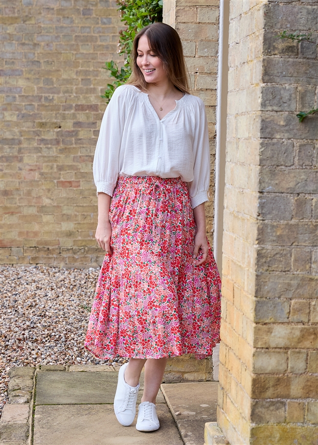 Textured Stripe Shirred Neck Button Through Blouse