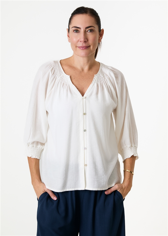 Textured Stripe Shirred Neck Button Through Blouse