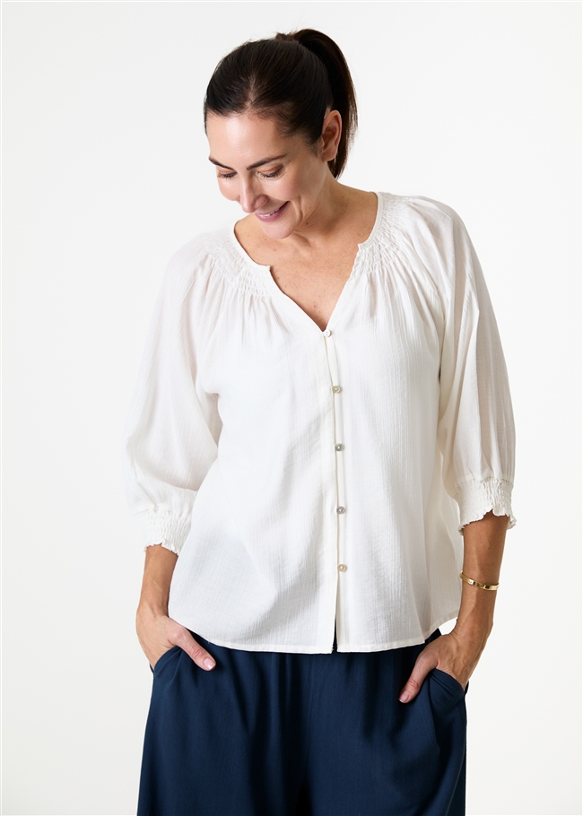 Textured Stripe Shirred Neck Button Through Blouse