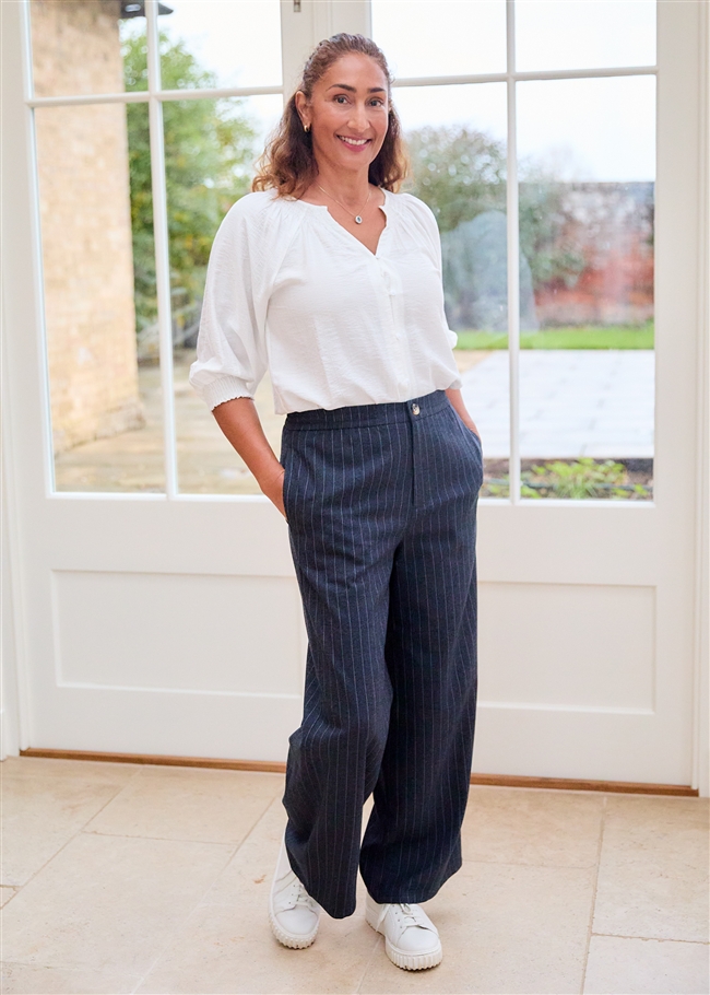 Textured Stripe Shirred Neck Button Through Blouse