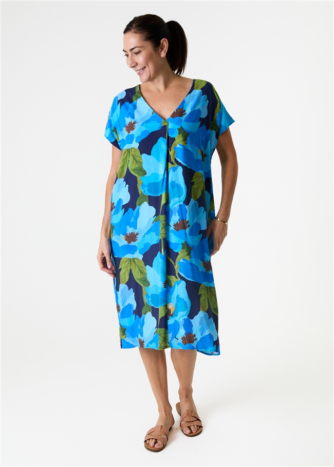 Watercolour Mega Floral v Neck Kaftan Dress - Navy - front view