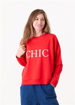 Chic Sequin Crew Neck Sweatshirt - Poppy Red - front view