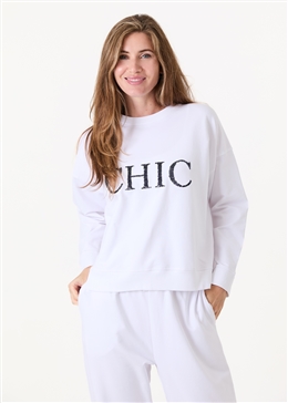 Chic Sequin Crew Neck Sweatshirt - White - front view