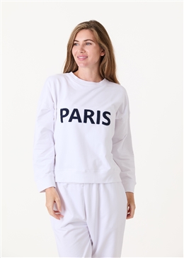 Paris Embroidery Crew Neck Sweatshirt - White - front view