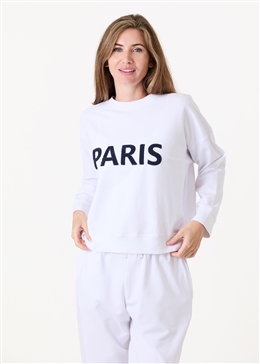 Paris Embroidery Crew Neck Sweatshirt - White - side body view