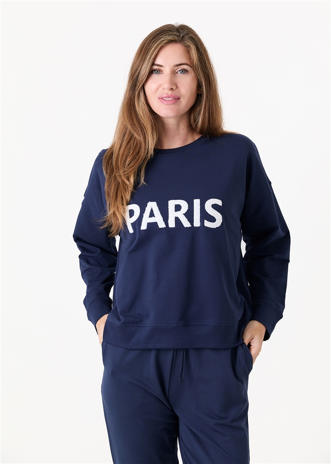Paris Embroidery Crew Neck Sweatshirt - Navy - side body view