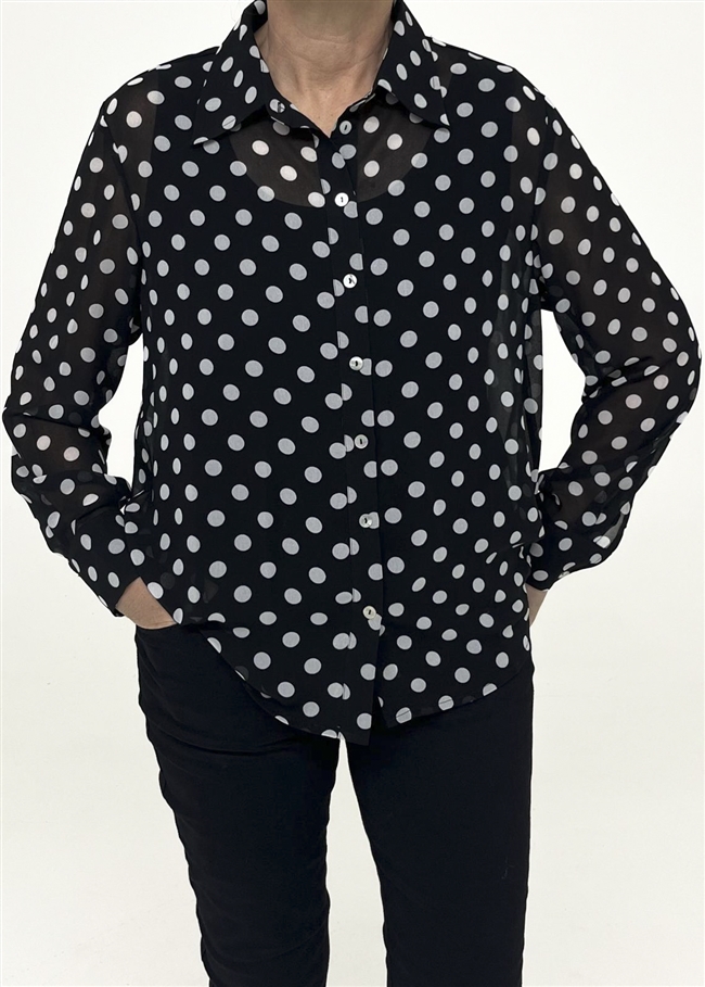 Polka Dot Button Through Shirt - Black - front view
