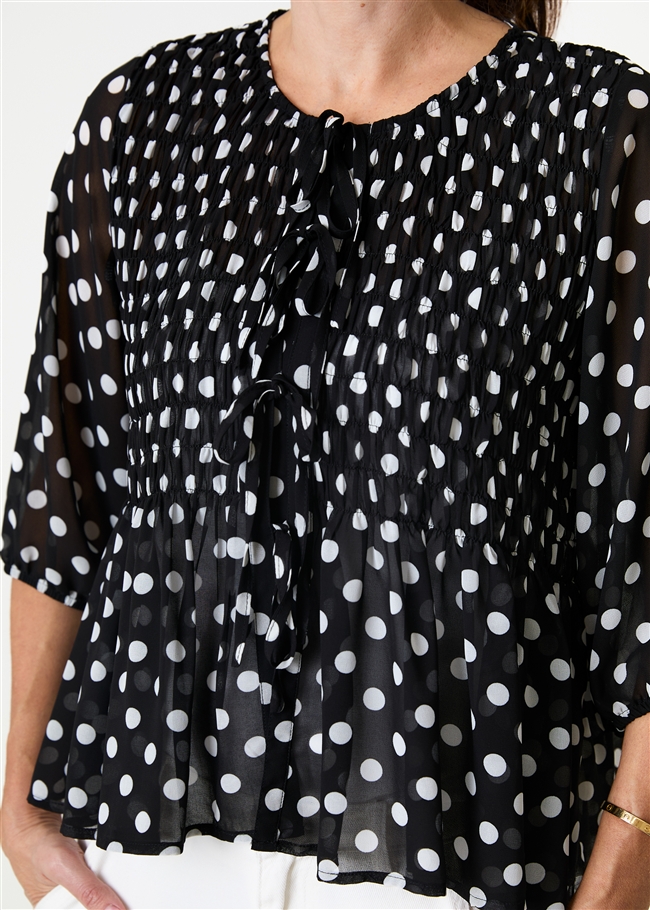 Polka Dot Shirred Body Tie Front Blouse - Black - general view