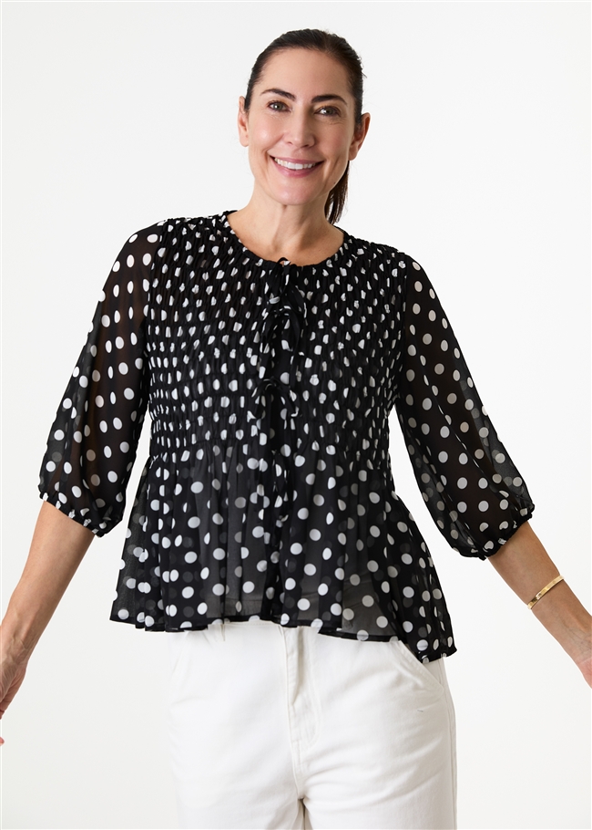 Polka Dot Shirred Body Tie Front Blouse