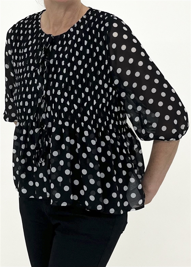Polka Dot Shirred Body Tie Front Blouse