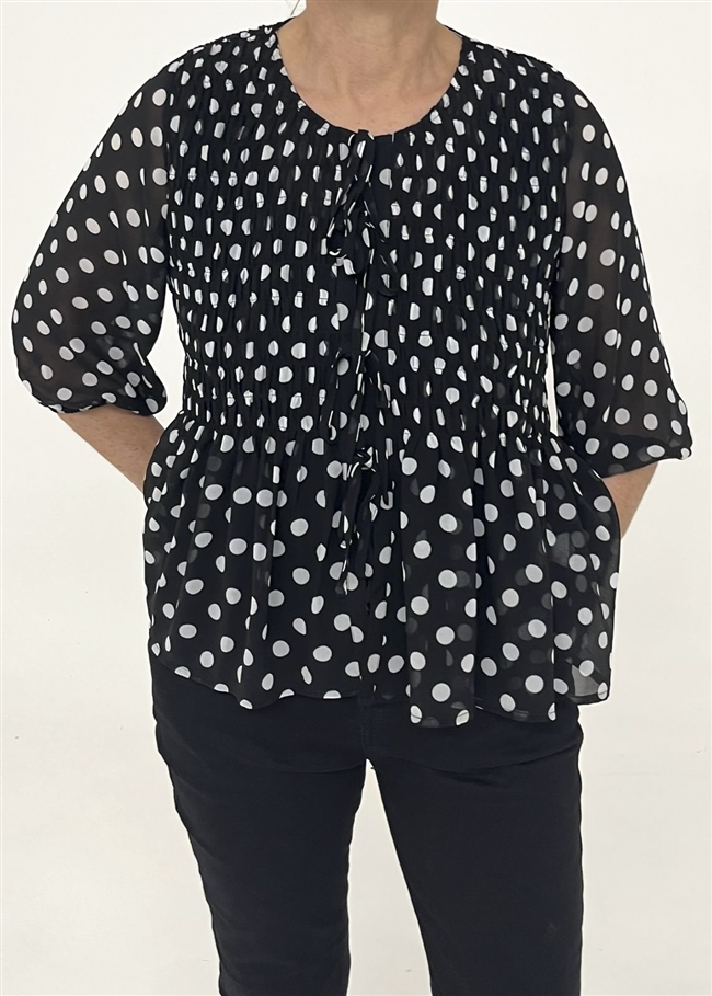 Polka Dot Shirred Body Tie Front Blouse