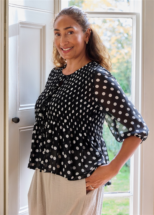Polka Dot Shirred Body Tie Front Blouse