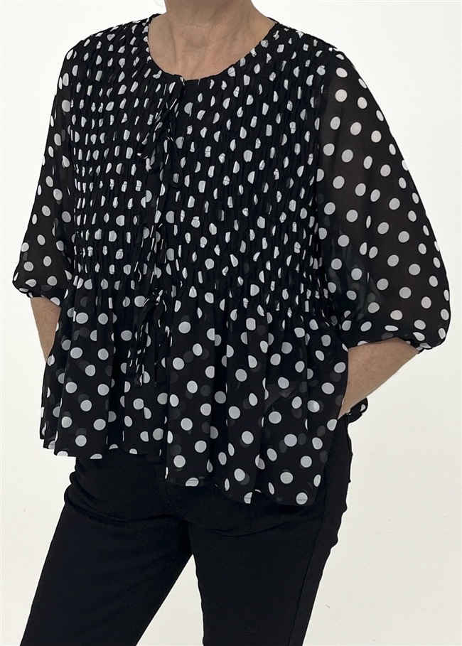 Polka Dot Shirred Body Tie Front Blouse